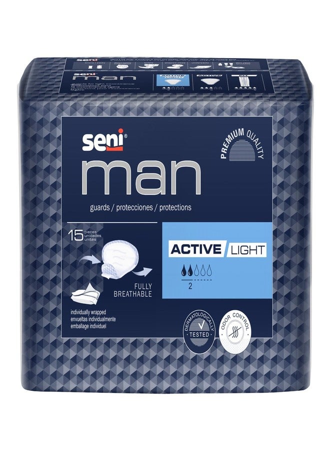 Seni Man Active Guards, Male Incontinence Bladder Control Pads, 7-1/2" x 9-3/10", 15 Count (1 Pack of 15), Light Absorbency with Adhesive Strip and Super Absorbent Core, for Men - Image 1